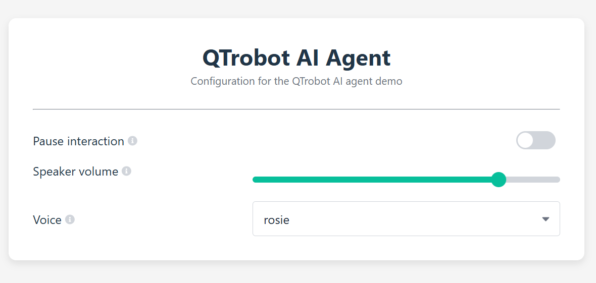 QTrobot AI Agent Web UI with pause, volume, and voice controls