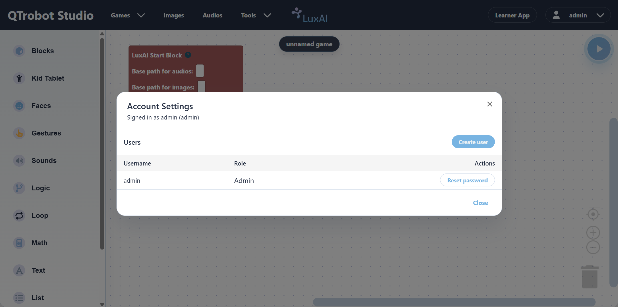 QTrobot Studio account settings